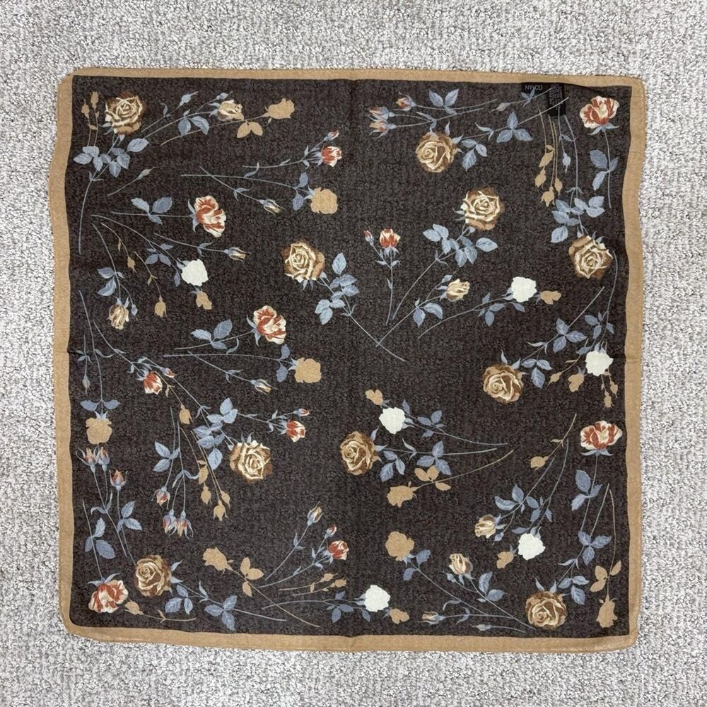 NY CO Scarf Womens One Size Brown Floral Chiffon Square Boho Multifunctional